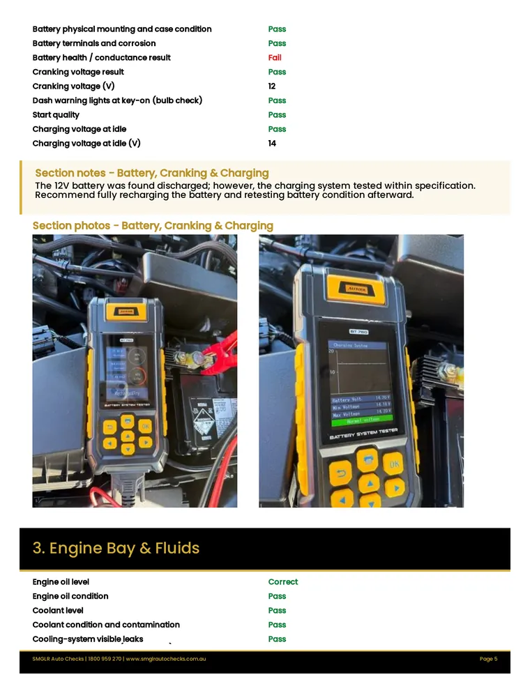 Engine bay and fluids checklist with inspector notes